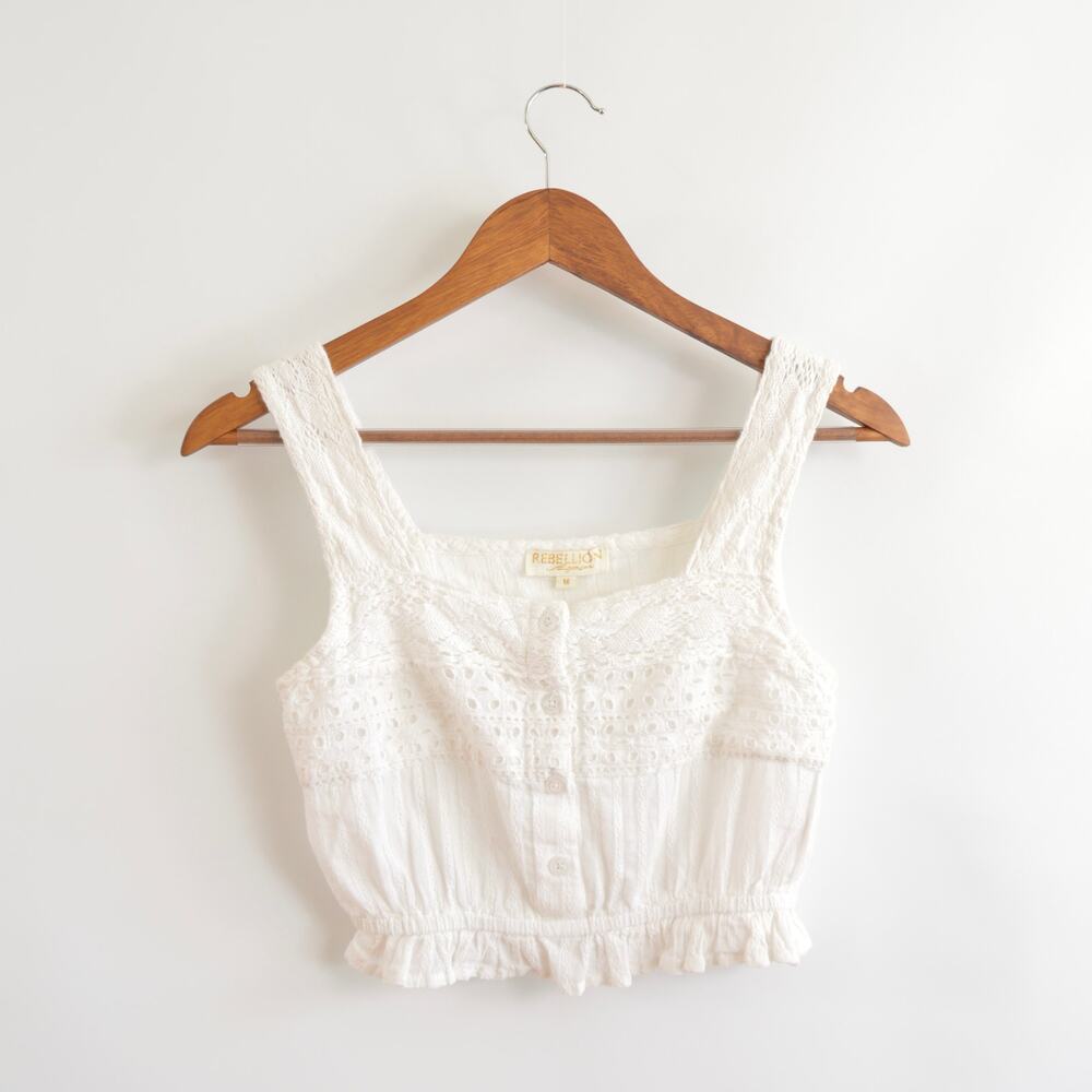 white eyelet cropped cotton tank